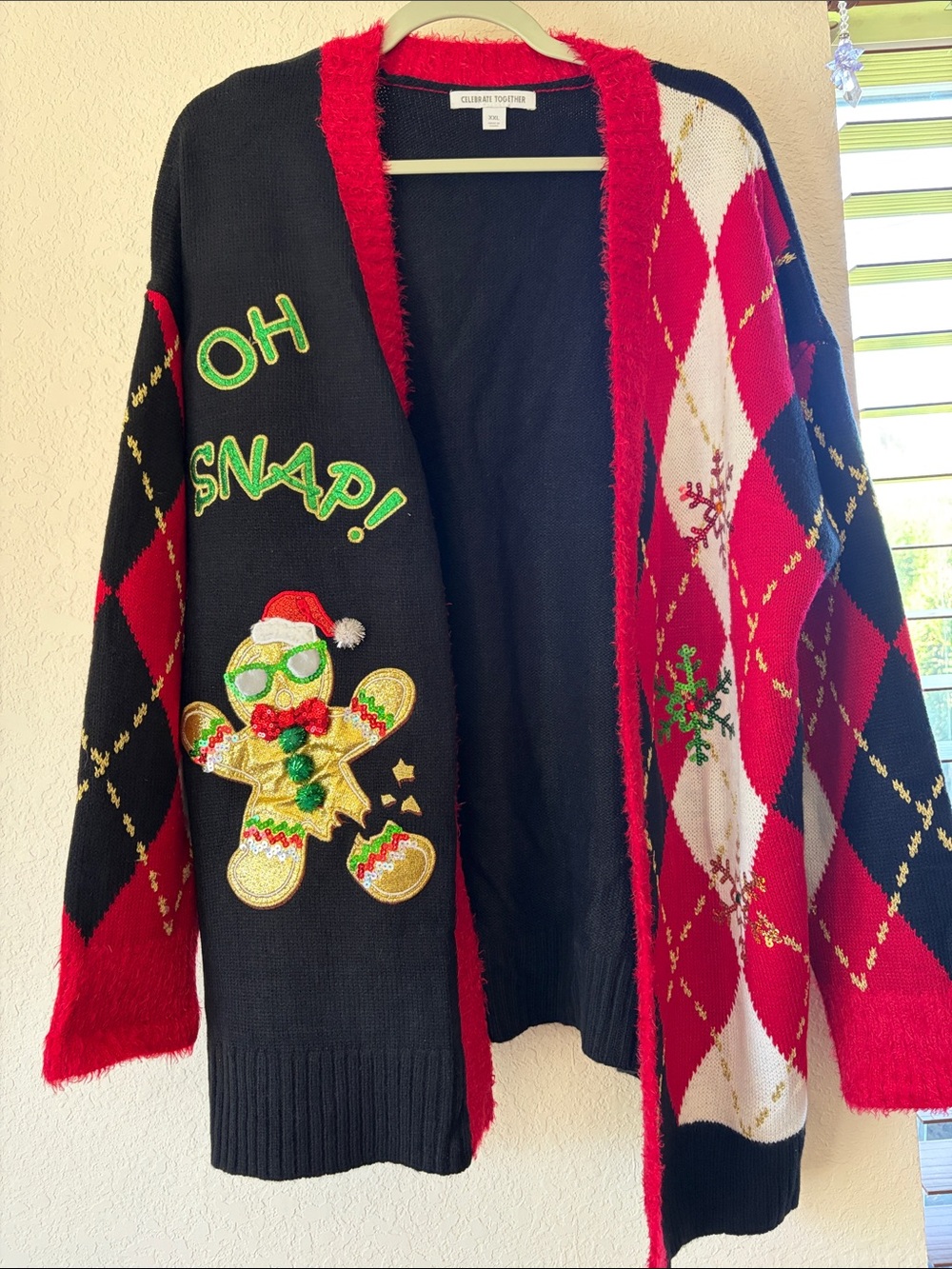 Holiday Gingerbread Patch Cardigan Sweater - Black & Red Size XXL